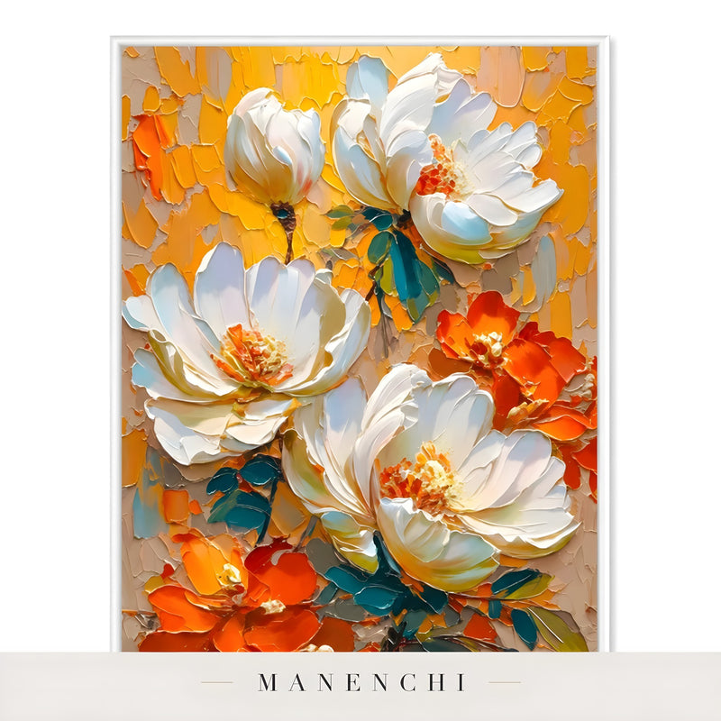 Solar Bloom Impasto abstract painting displayed in framed art print view