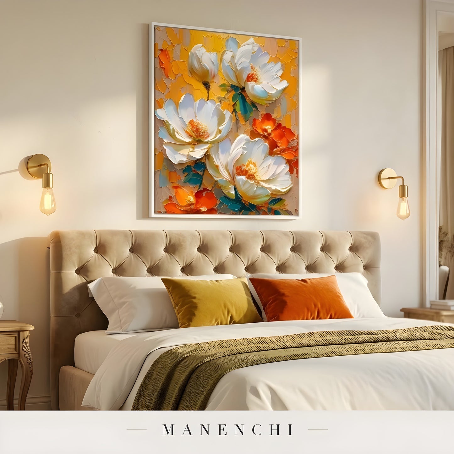 Solar Bloom Impasto abstract painting displayed in painting above master bed