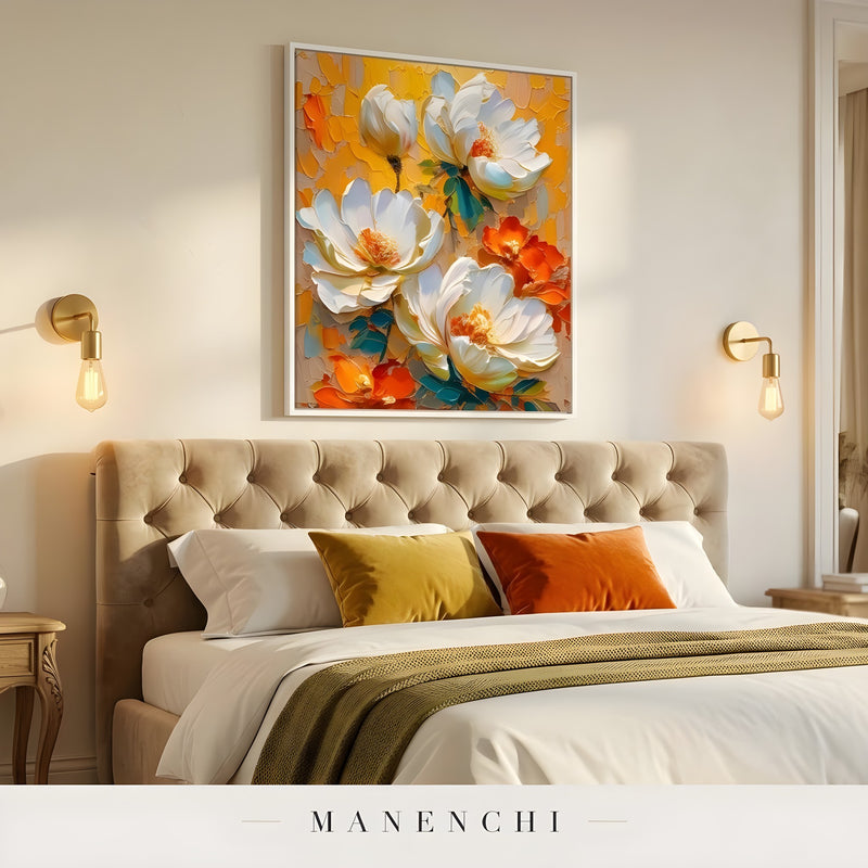 Solar Bloom Impasto abstract painting displayed in painting above master bed