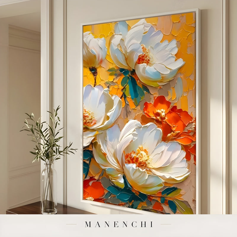 Solar Bloom Impasto abstract painting displayed in painting in bright hallway