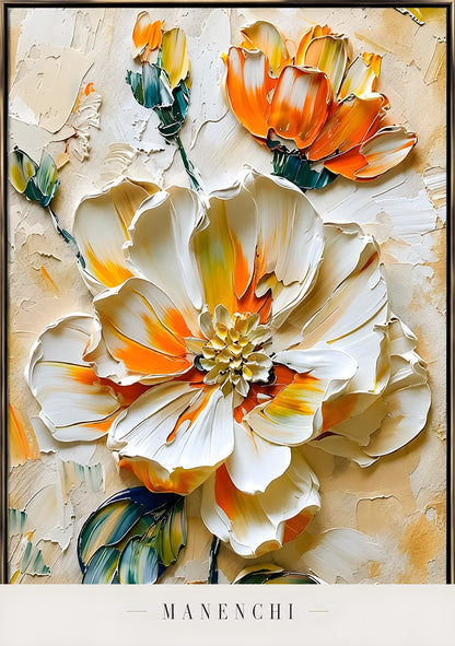 Close-up detail of the textured brushwork in Solar Petal Radiance