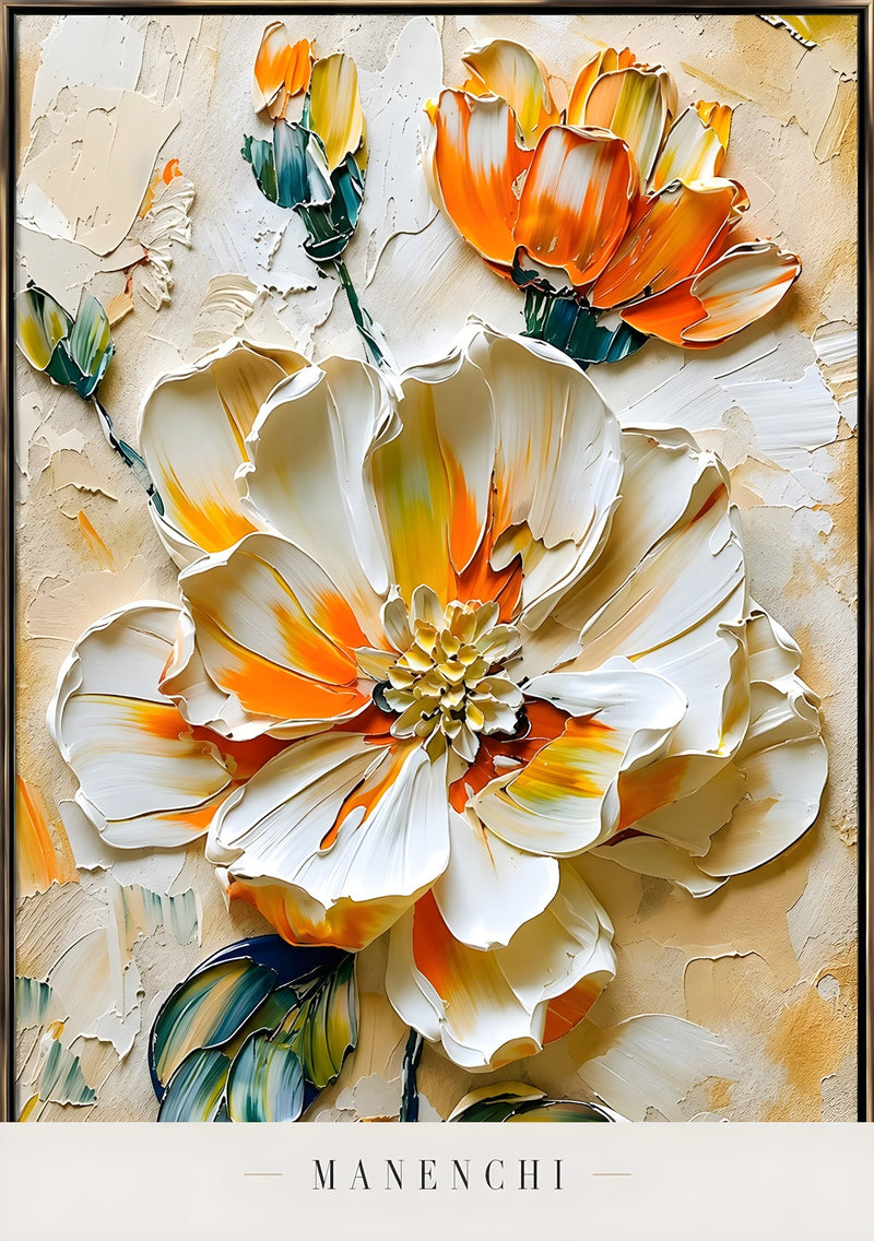 Close-up detail of the textured brushwork in Solar Petal Radiance