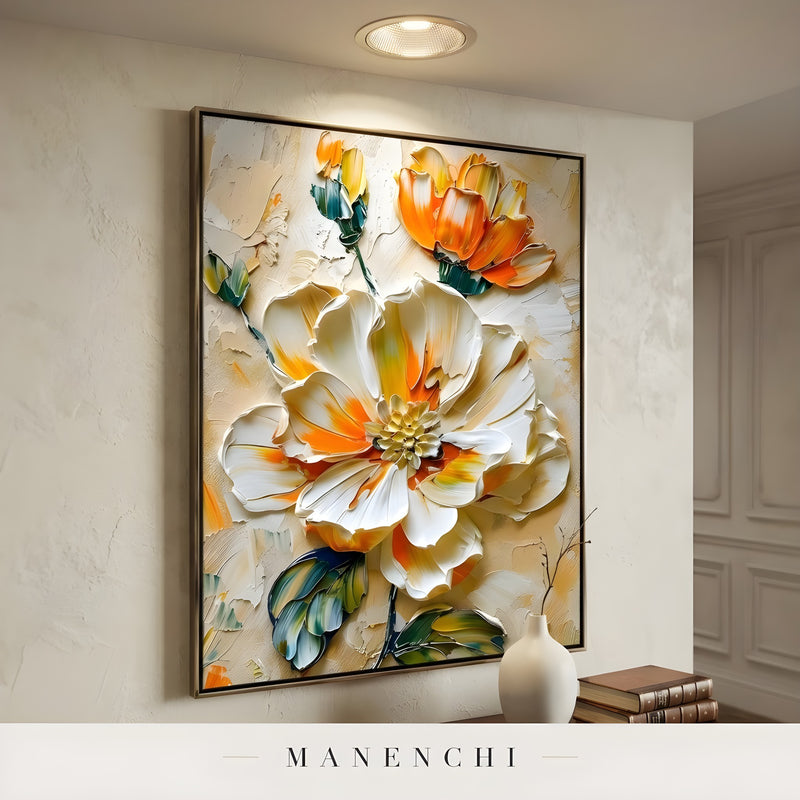 Solar Petal Radiance abstract painting displayed in hallway niche lighting