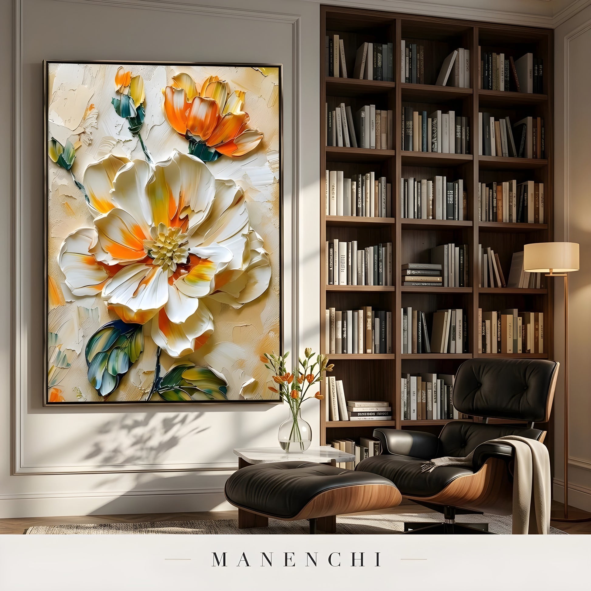 Solar Petal Radiance abstract painting displayed in home library study area