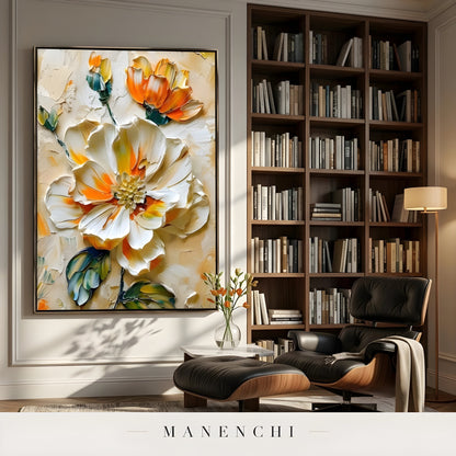 Solar Petal Radiance abstract painting displayed in home library study area