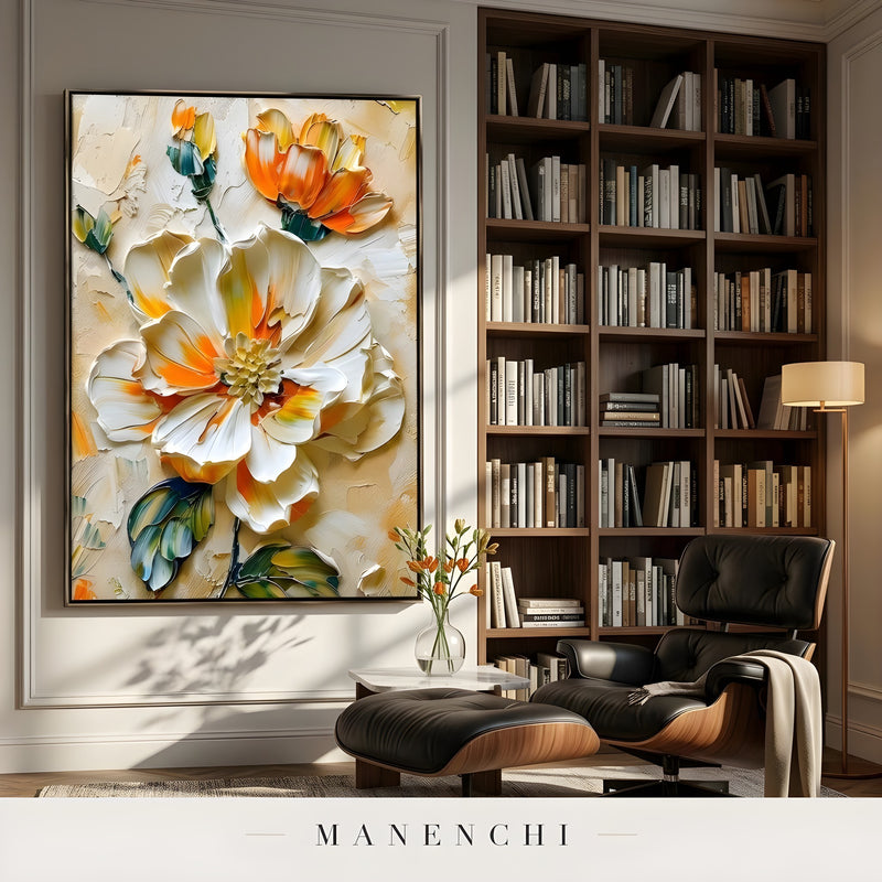 Solar Petal Radiance abstract painting displayed in home library study area