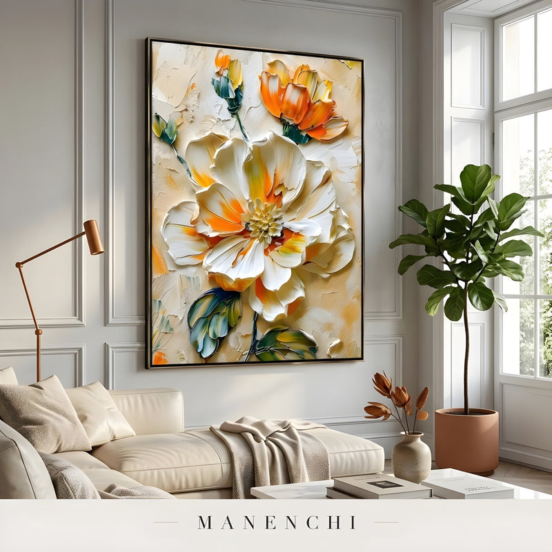 Solar Petal Radiance abstract painting displayed in living room sofa display