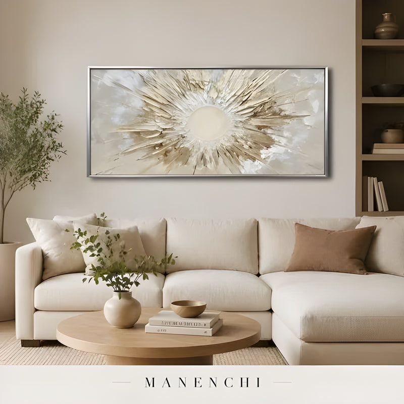 Solar Radiance Burst abstract painting displayed in contemporary living room setting