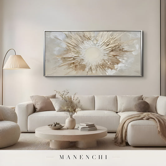 Solar Radiance Burst abstract painting displayed in minimalist living room design