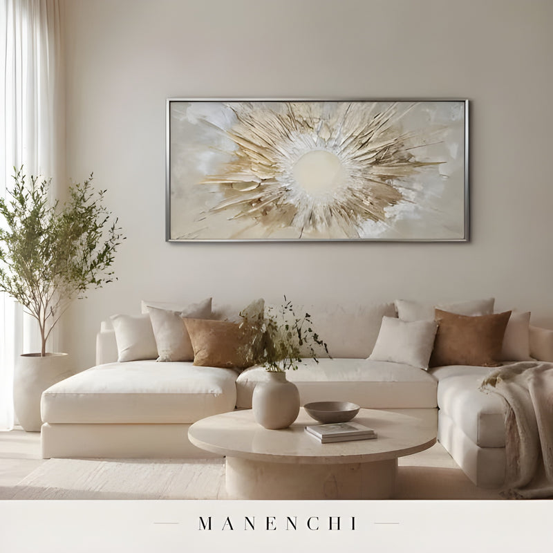 Solar Radiance Burst abstract painting displayed in modern living room interior