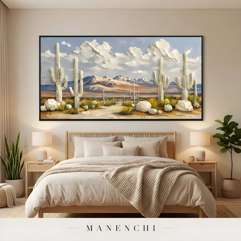 Sonoran Solstice Vista abstract painting displayed in bedroom with large painting