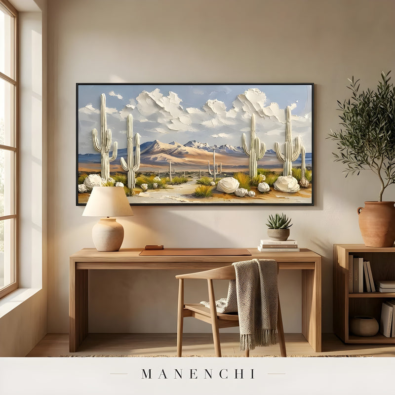 Sonoran Solstice Vista abstract painting displayed in home office desk setup