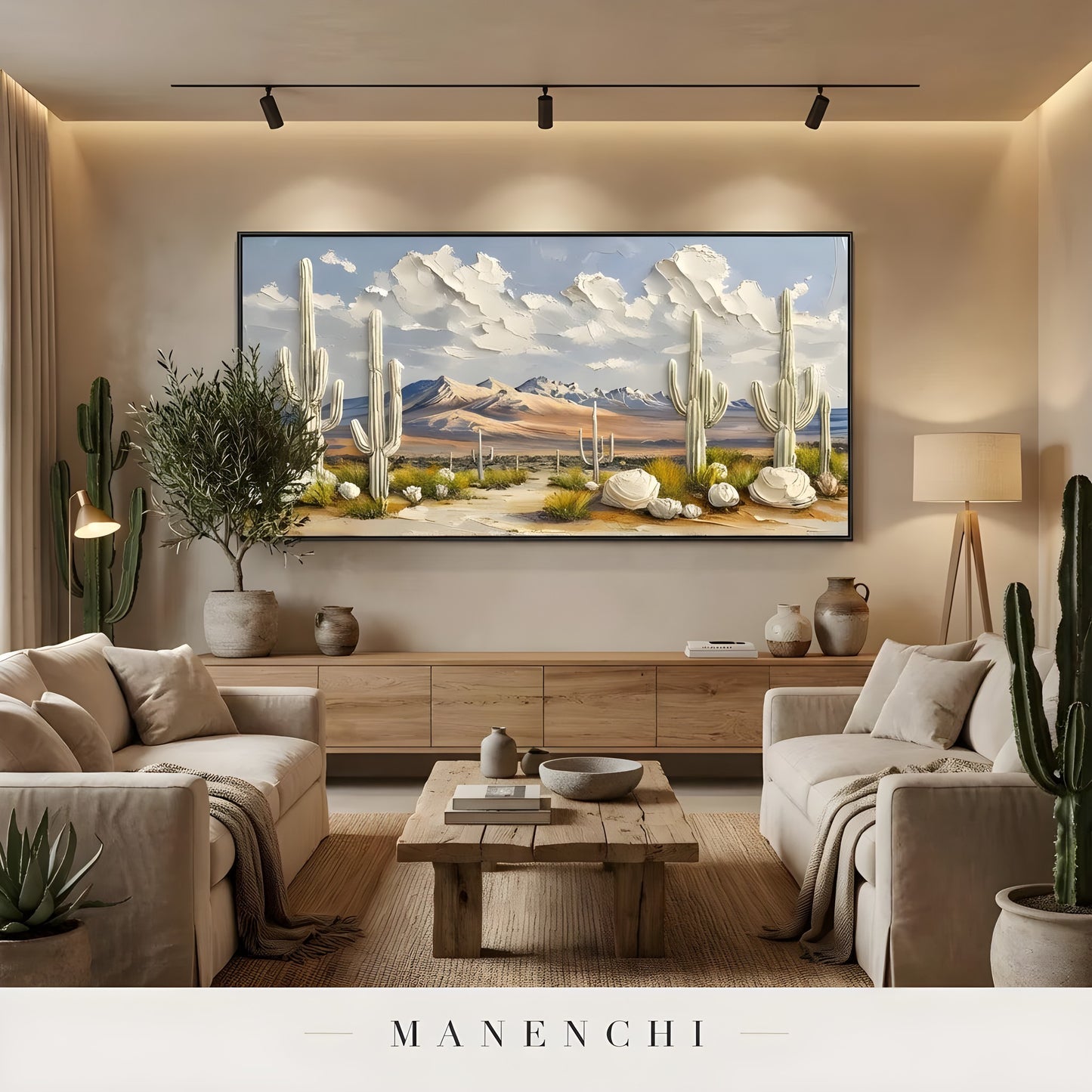Sonoran Solstice Vista abstract painting displayed in living room seating area