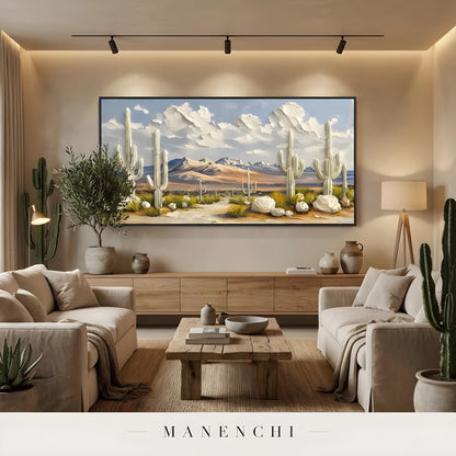 Sonoran Solstice Vista abstract painting displayed in living room seating area
