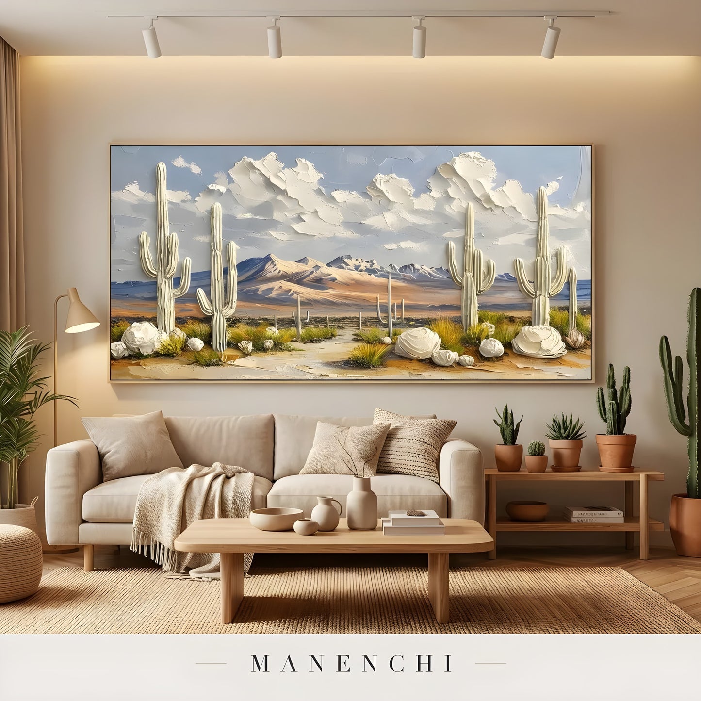 Sonoran Solstice Vista abstract painting displayed in living room with sofa