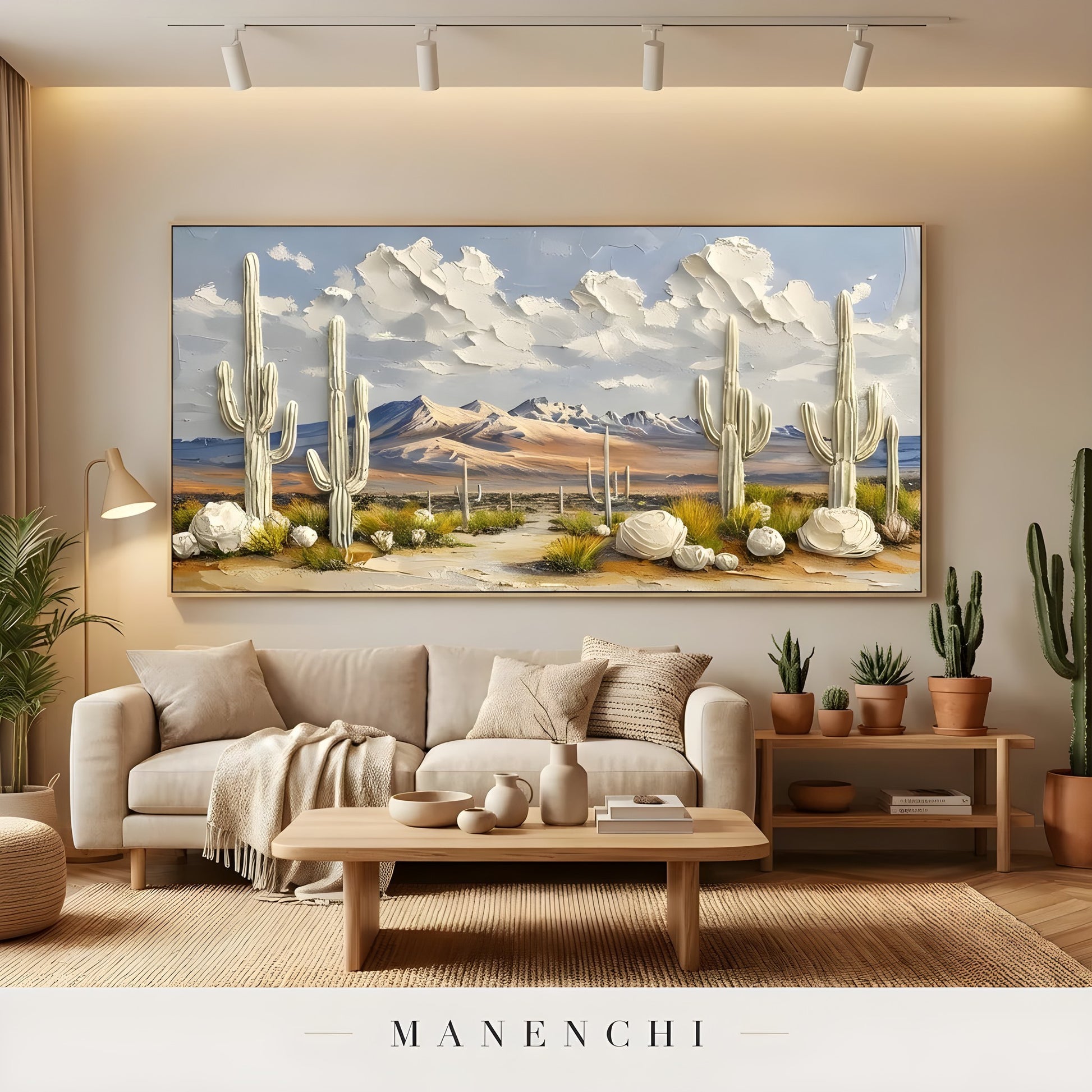 Sonoran Solstice Vista abstract painting displayed in living room with sofa