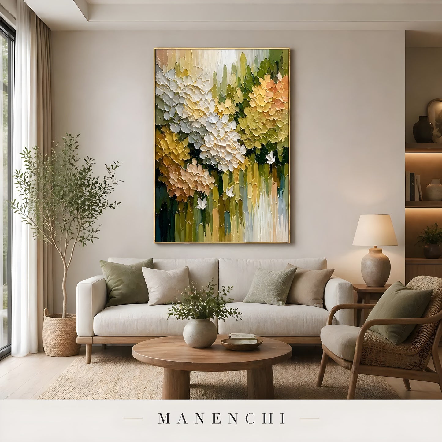 Springtime Garden Radiance abstract painting displayed in cozy living room interior