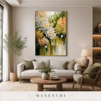 Springtime Garden Radiance abstract painting displayed in cozy living room interior