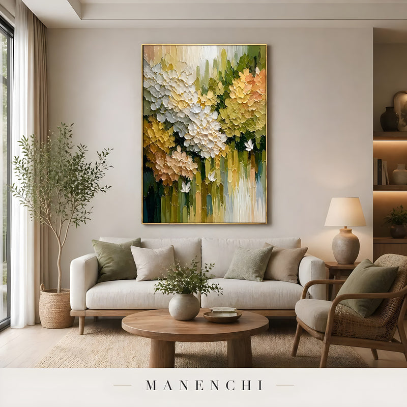 Springtime Garden Radiance abstract painting displayed in cozy living room interior