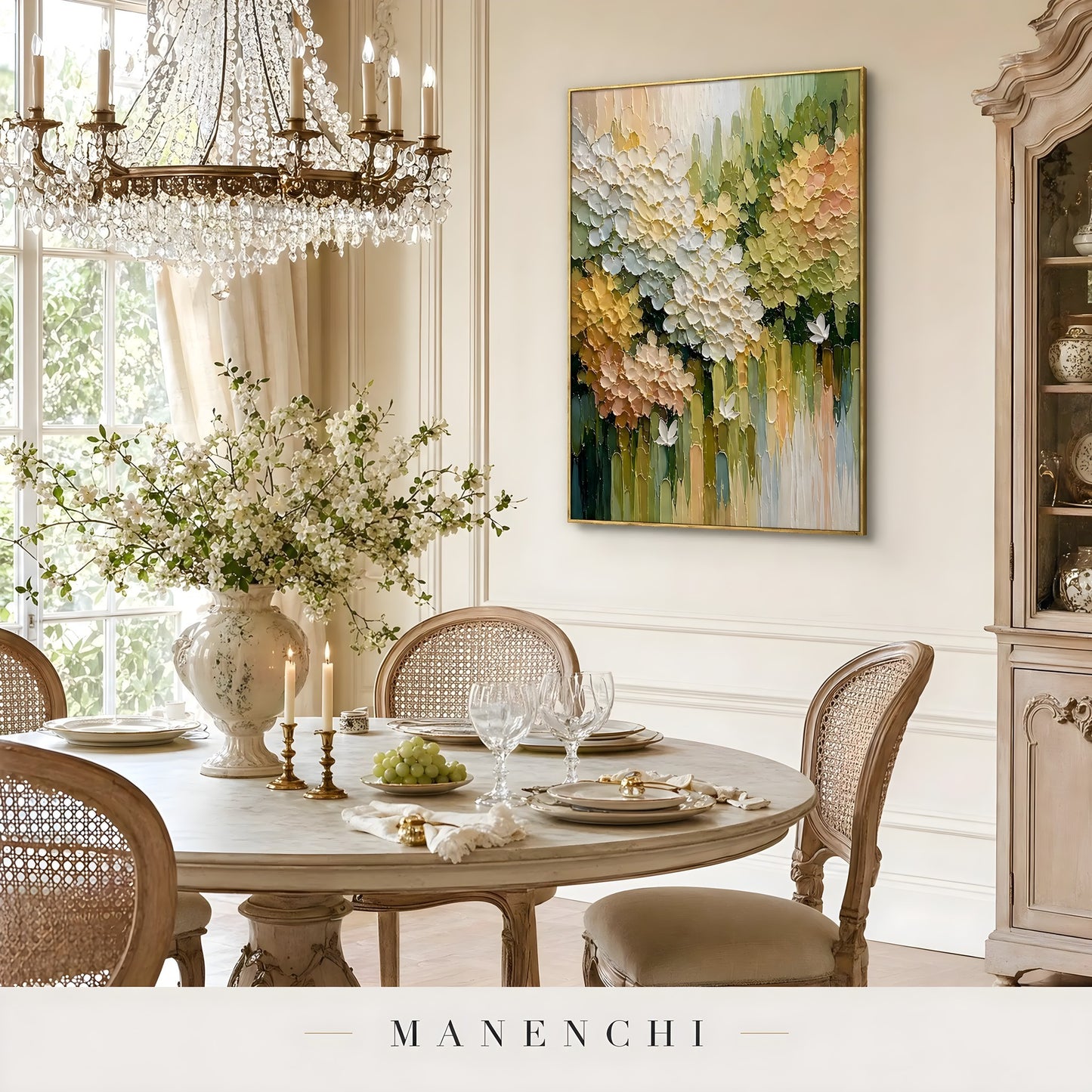 Springtime Garden Radiance abstract painting displayed in elegant dining room setting