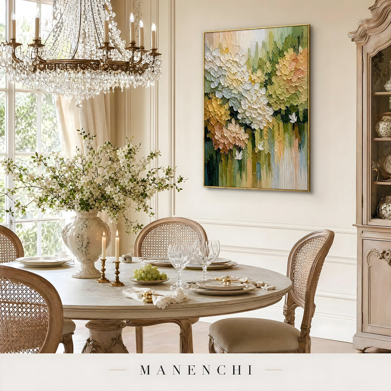 Springtime Garden Radiance abstract painting displayed in elegant dining room setting