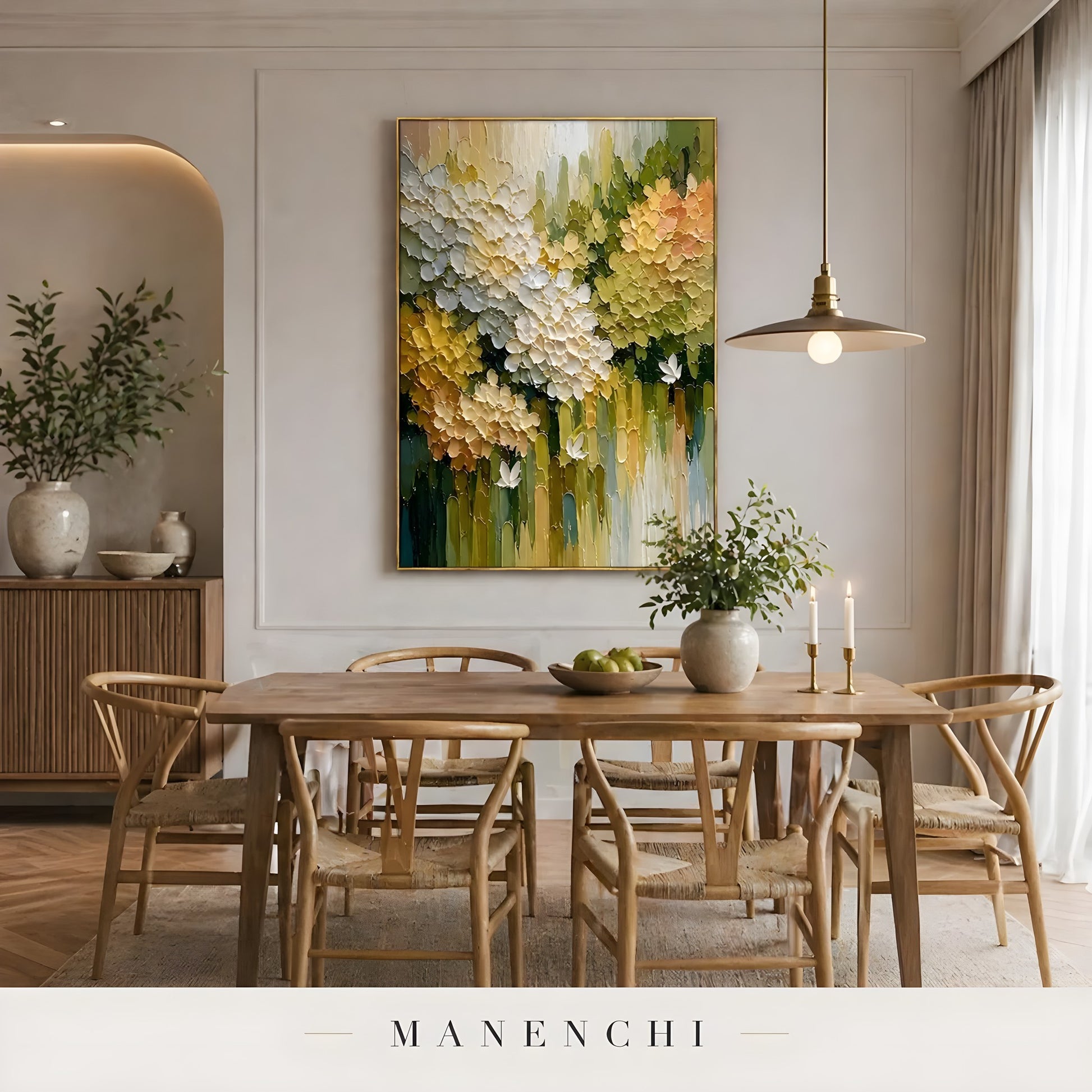 Springtime Garden Radiance abstract painting displayed in farmhouse dining room style