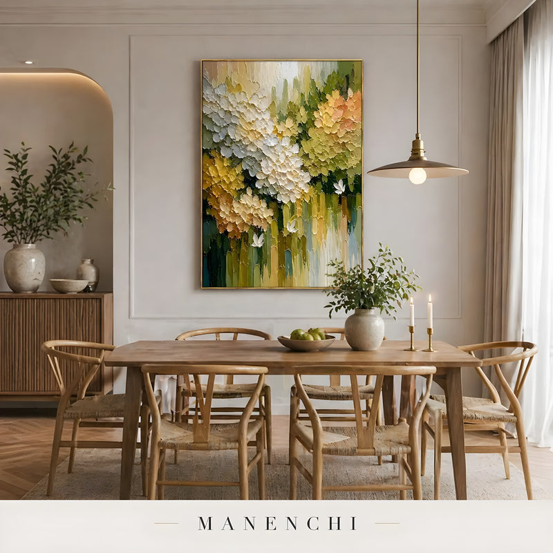 Springtime Garden Radiance abstract painting displayed in farmhouse dining room style