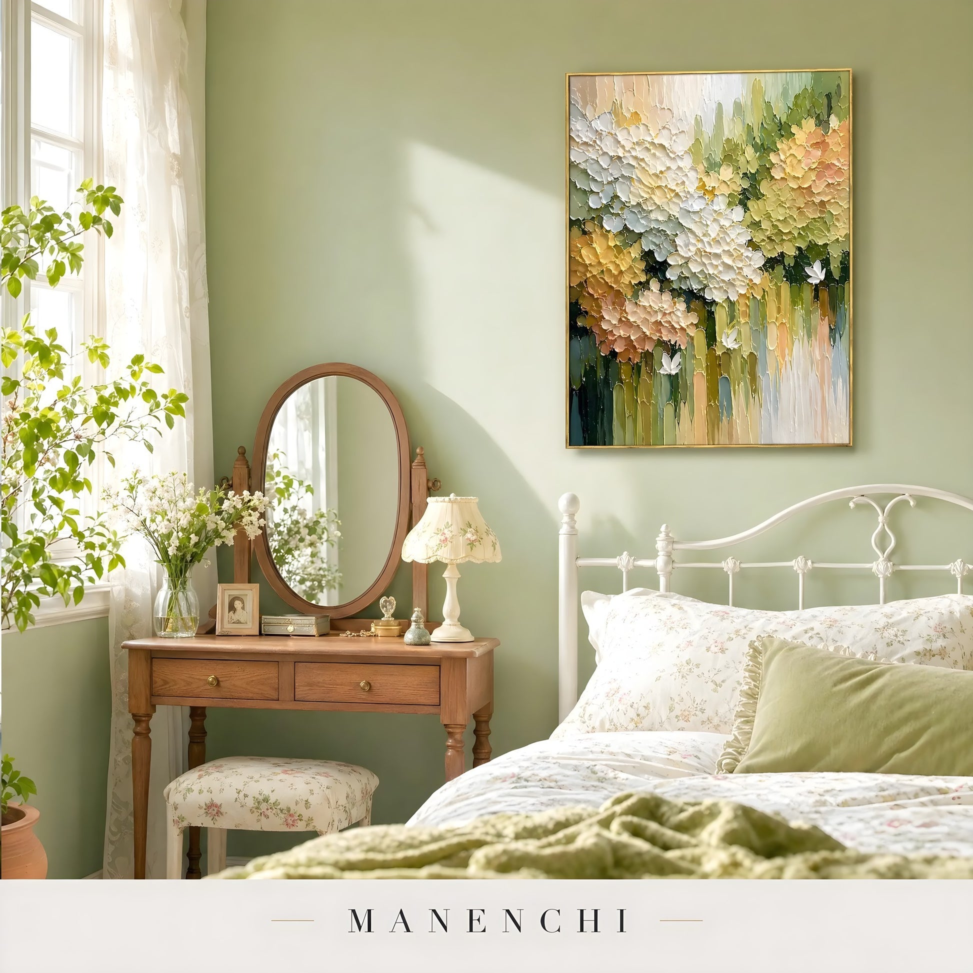 Springtime Garden Radiance abstract painting displayed in floral bedroom decor idea