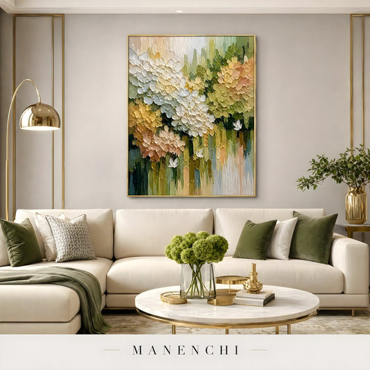 Springtime Garden Radiance abstract painting displayed in modern living room display