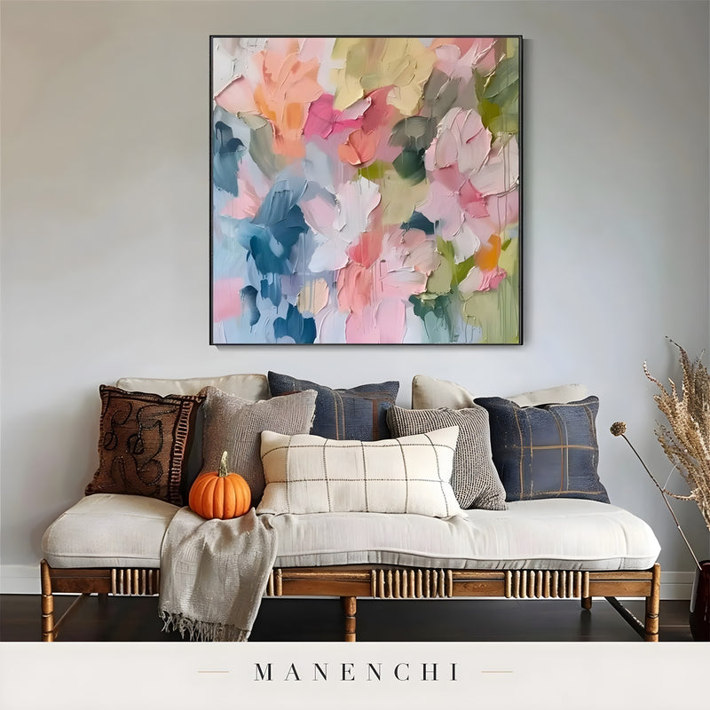 Springtime Impressionist Abstraction abstract painting displayed in painting above boho bench