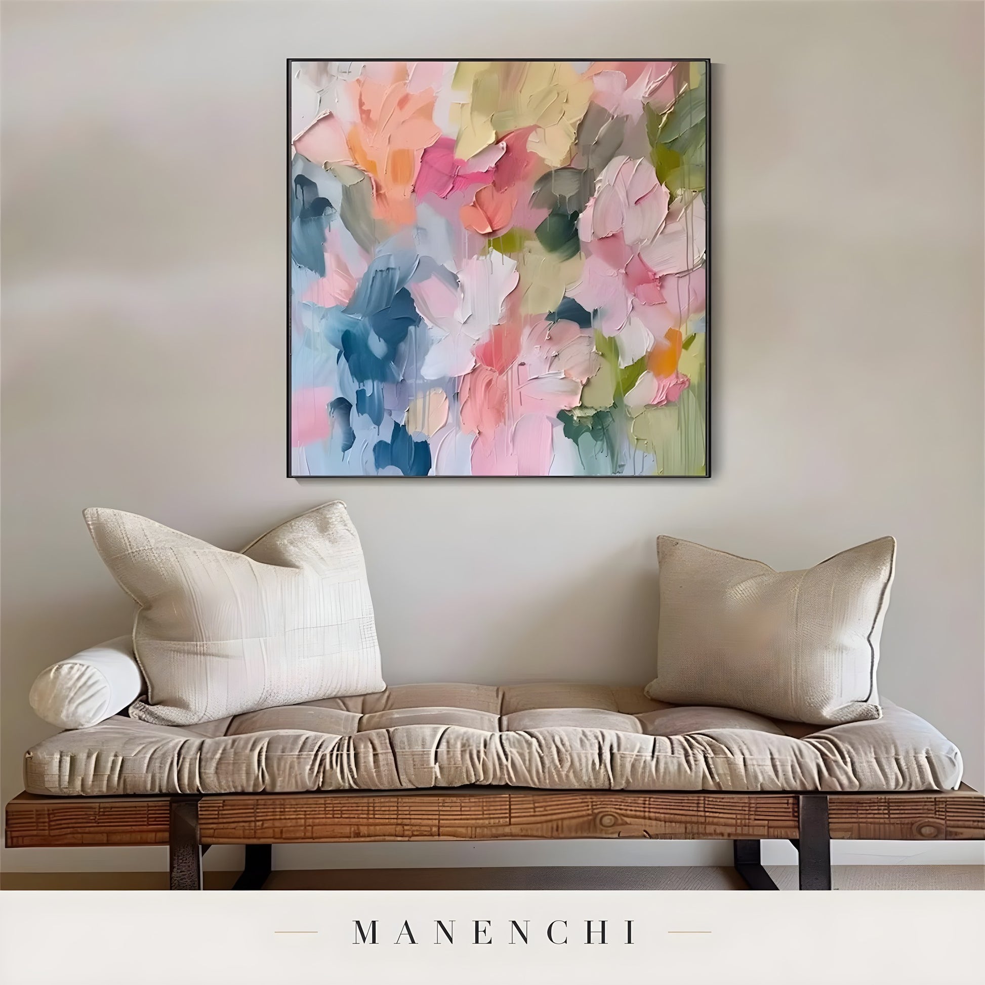 Springtime Impressionist Abstraction abstract painting displayed in painting above minimalist bench