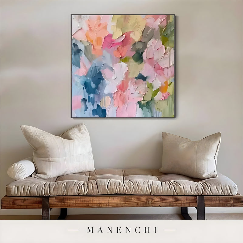 Springtime Impressionist Abstraction abstract painting displayed in painting above minimalist bench