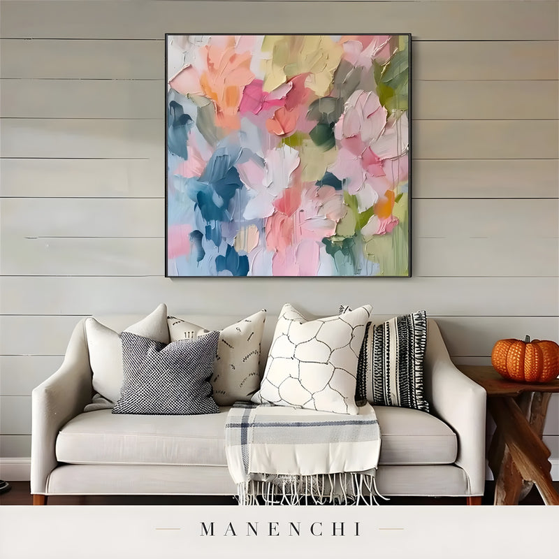 Springtime Impressionist Abstraction abstract painting displayed in painting above modern sofa