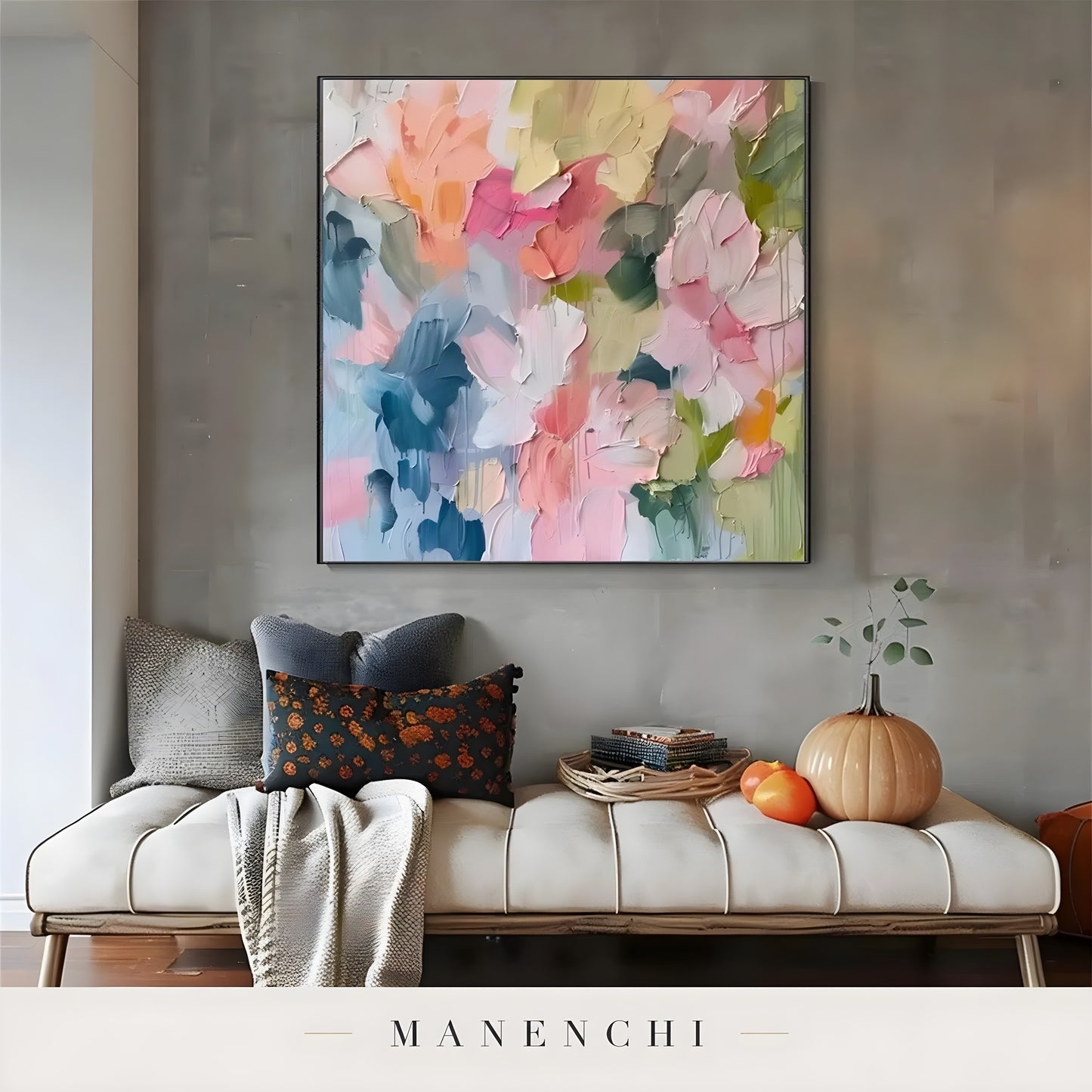 Springtime Impressionist Abstraction abstract painting displayed in painting above rustic bench