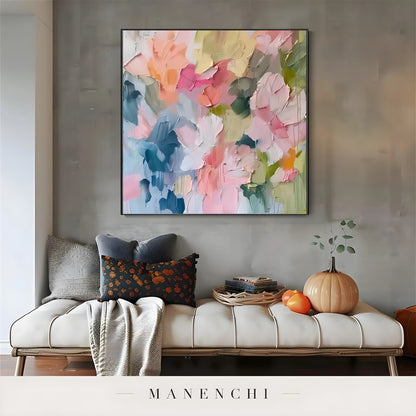 Springtime Impressionist Abstraction abstract painting displayed in painting above rustic bench
