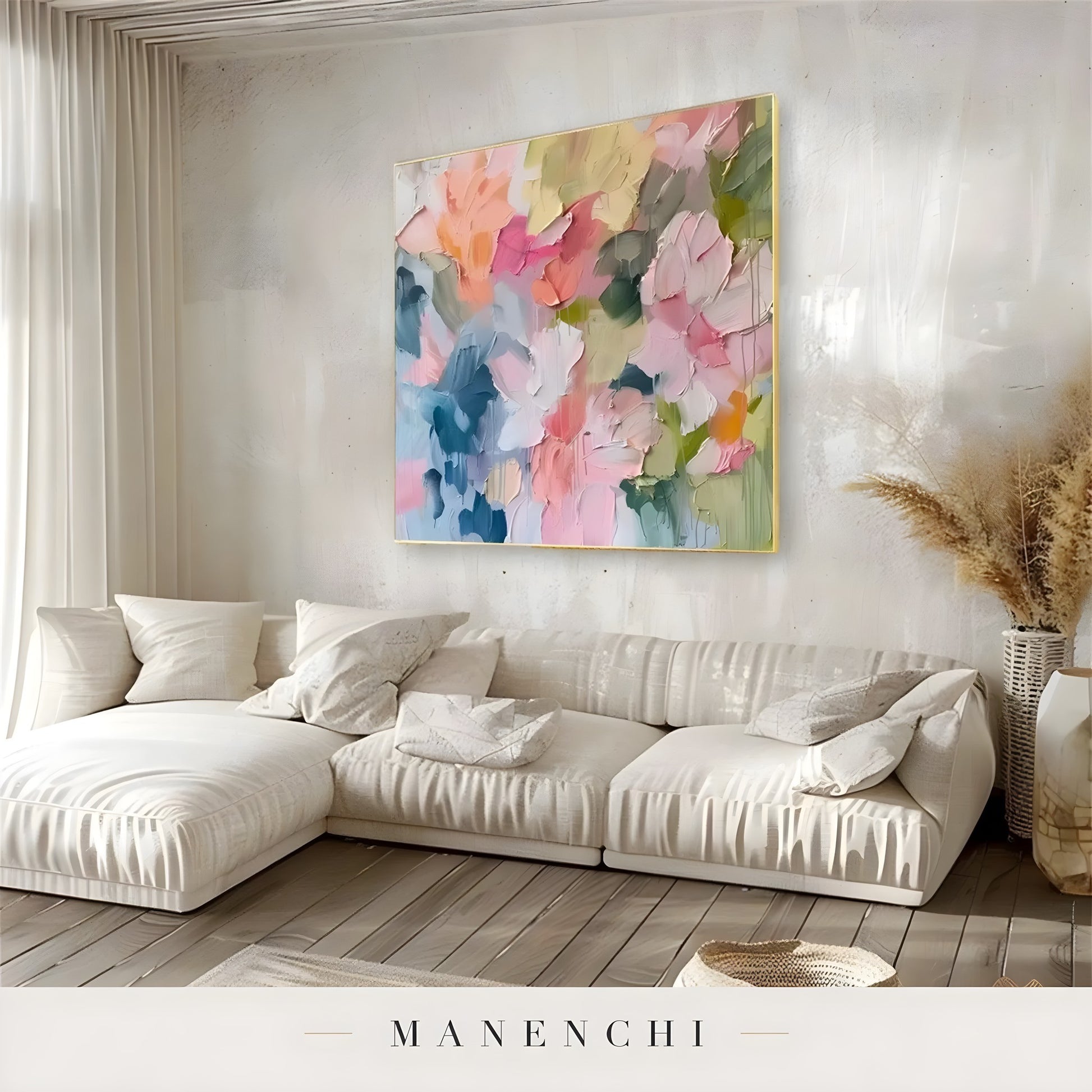 Springtime Impressionist Abstraction abstract painting displayed in painting in bright living room