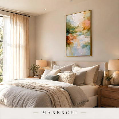 Springtime Reflection Vista abstract painting displayed in bedroom interior setting