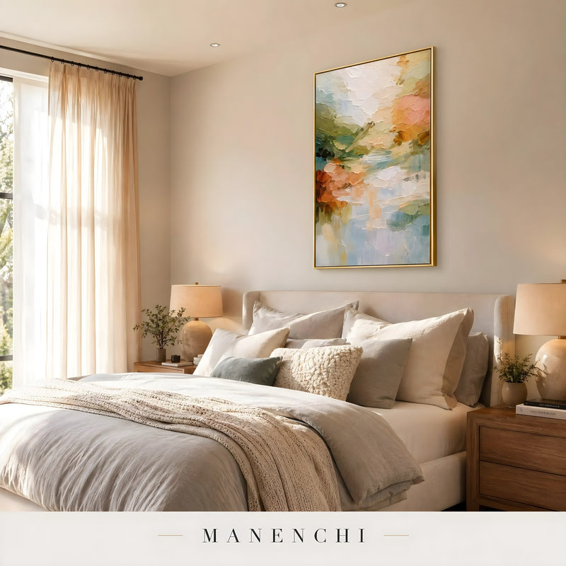 Springtime Reflection Vista abstract painting displayed in bedroom interior setting