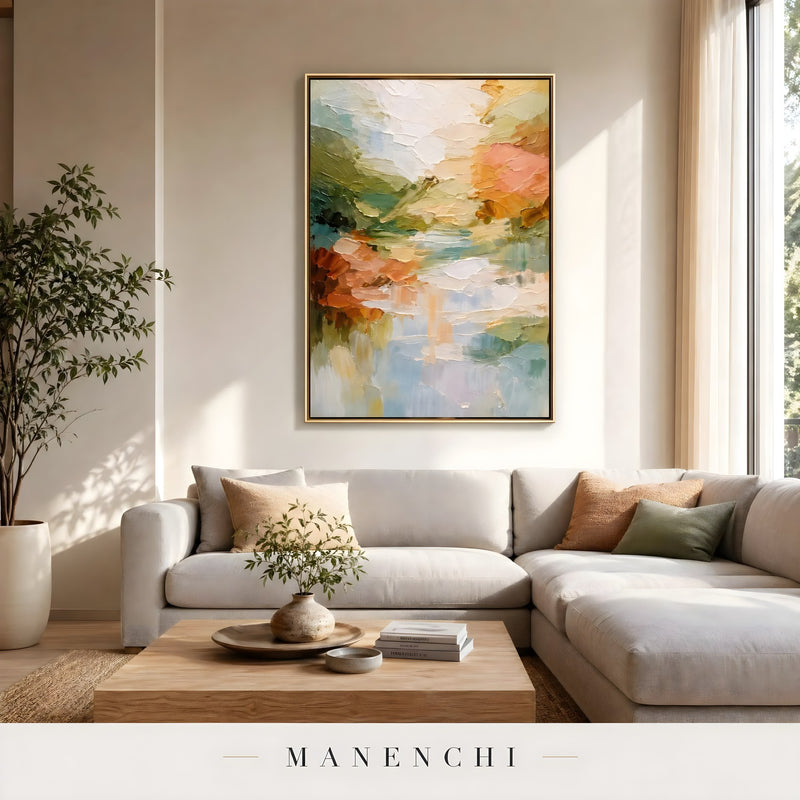 Springtime Reflection Vista abstract painting displayed in bright living room sofa