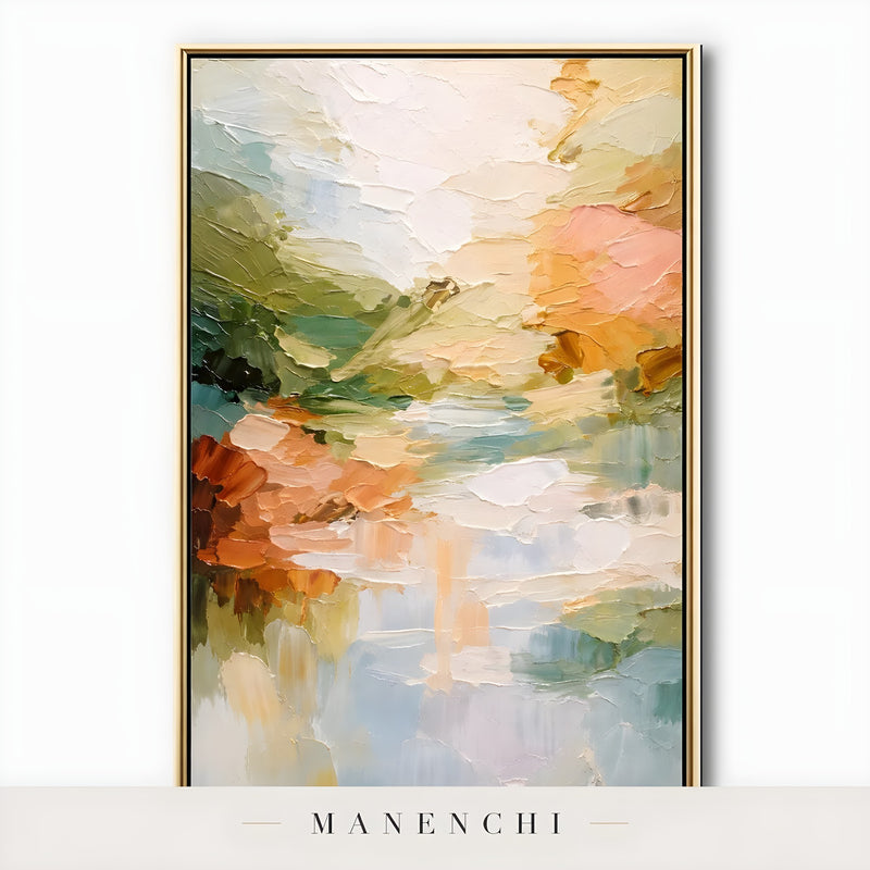 Springtime Reflection Vista abstract painting displayed in isolated gold framed painting