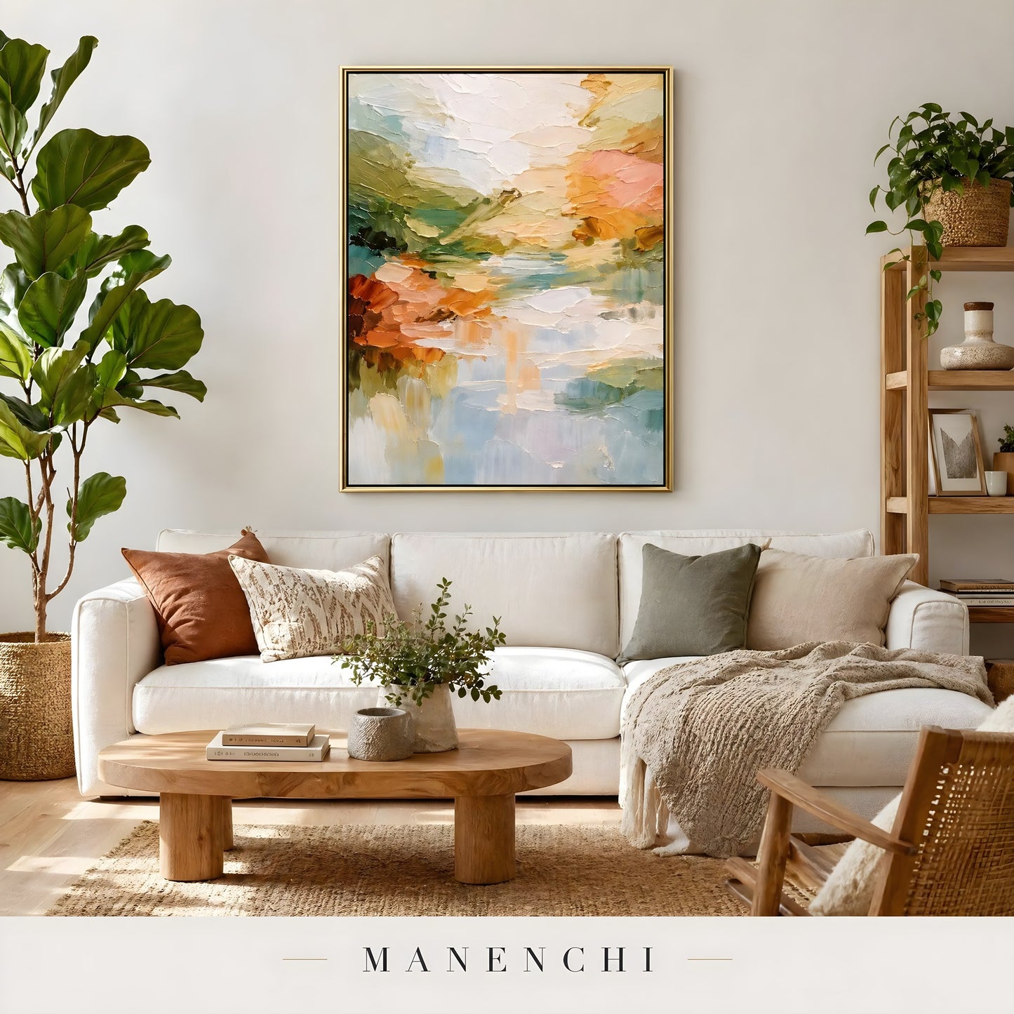Springtime Reflection Vista abstract painting displayed in living room sofa display