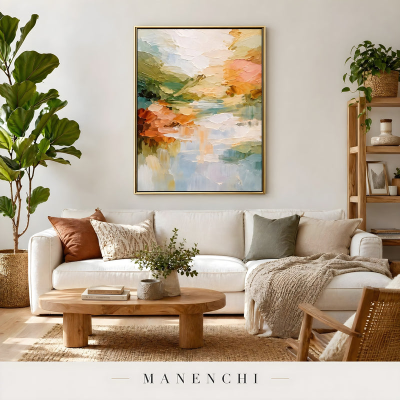 Springtime Reflection Vista abstract painting displayed in living room sofa display