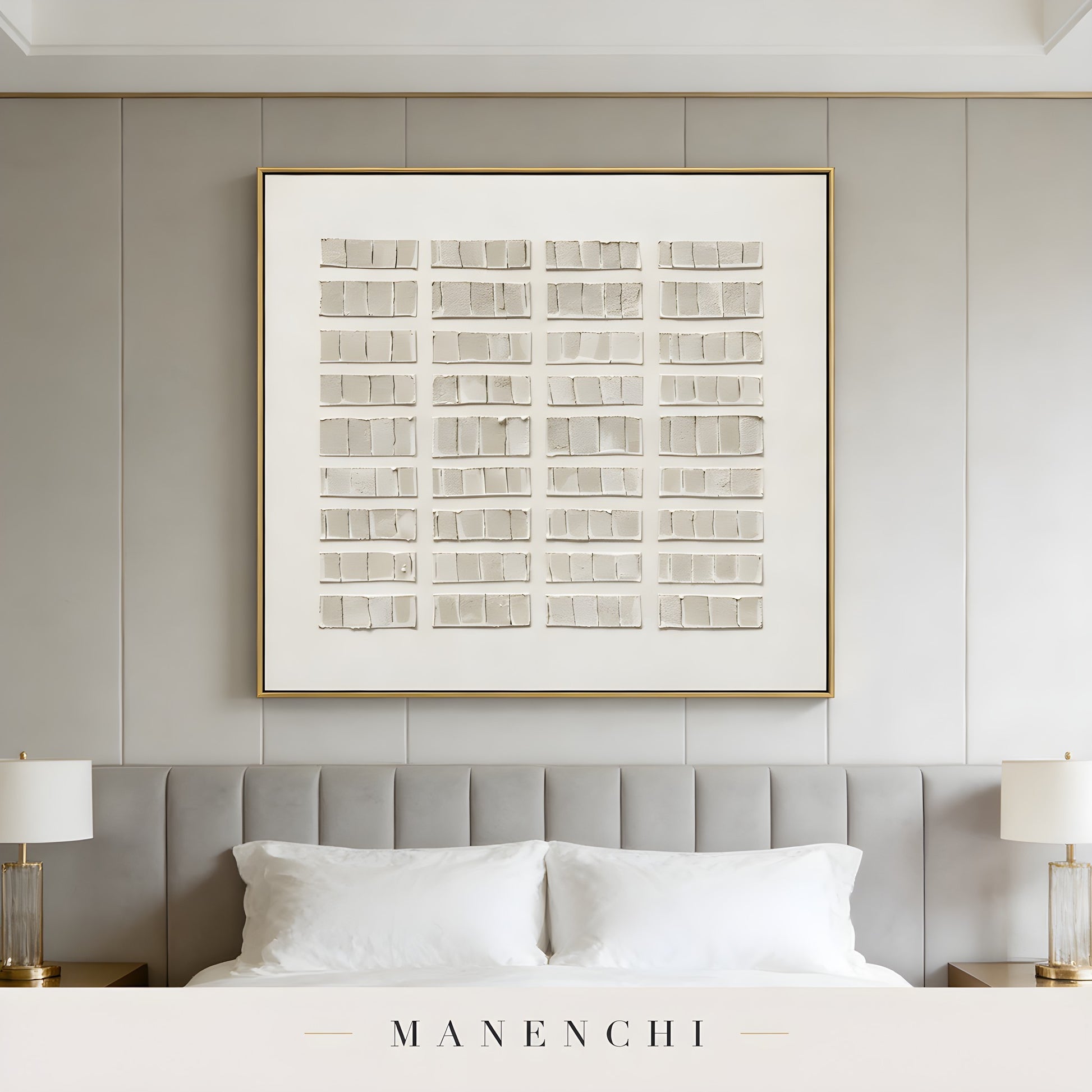 Structured Tonal Grid abstract painting displayed in bedroom with lamps