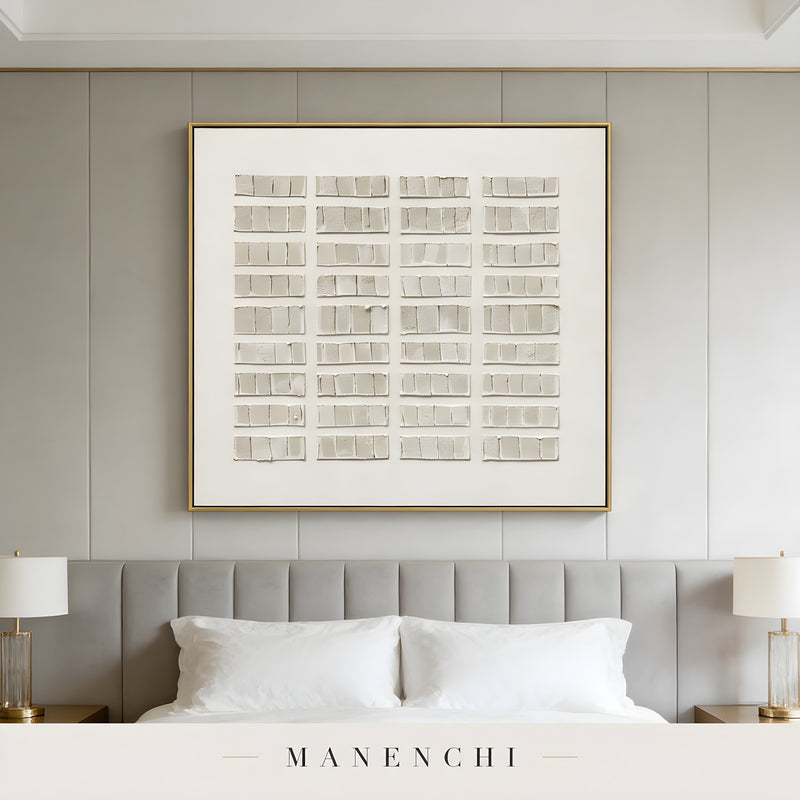 Structured Tonal Grid abstract painting displayed in bedroom with lamps