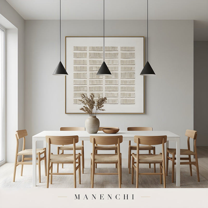 Structured Tonal Grid abstract painting displayed in dining room setting