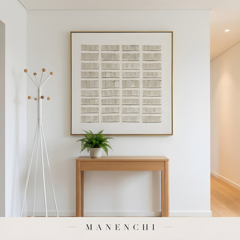 Structured Tonal Grid abstract painting displayed in entryway console table