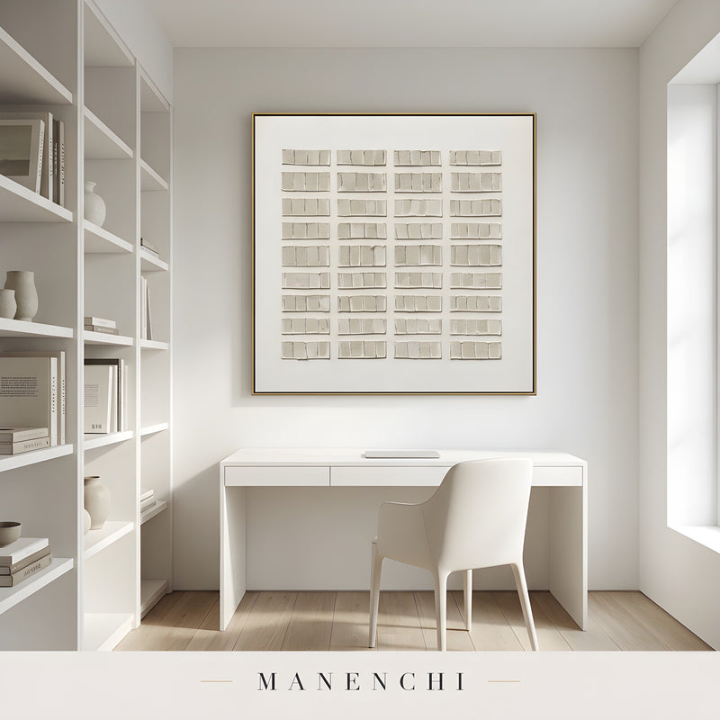 Structured Tonal Grid abstract painting displayed in home office desk