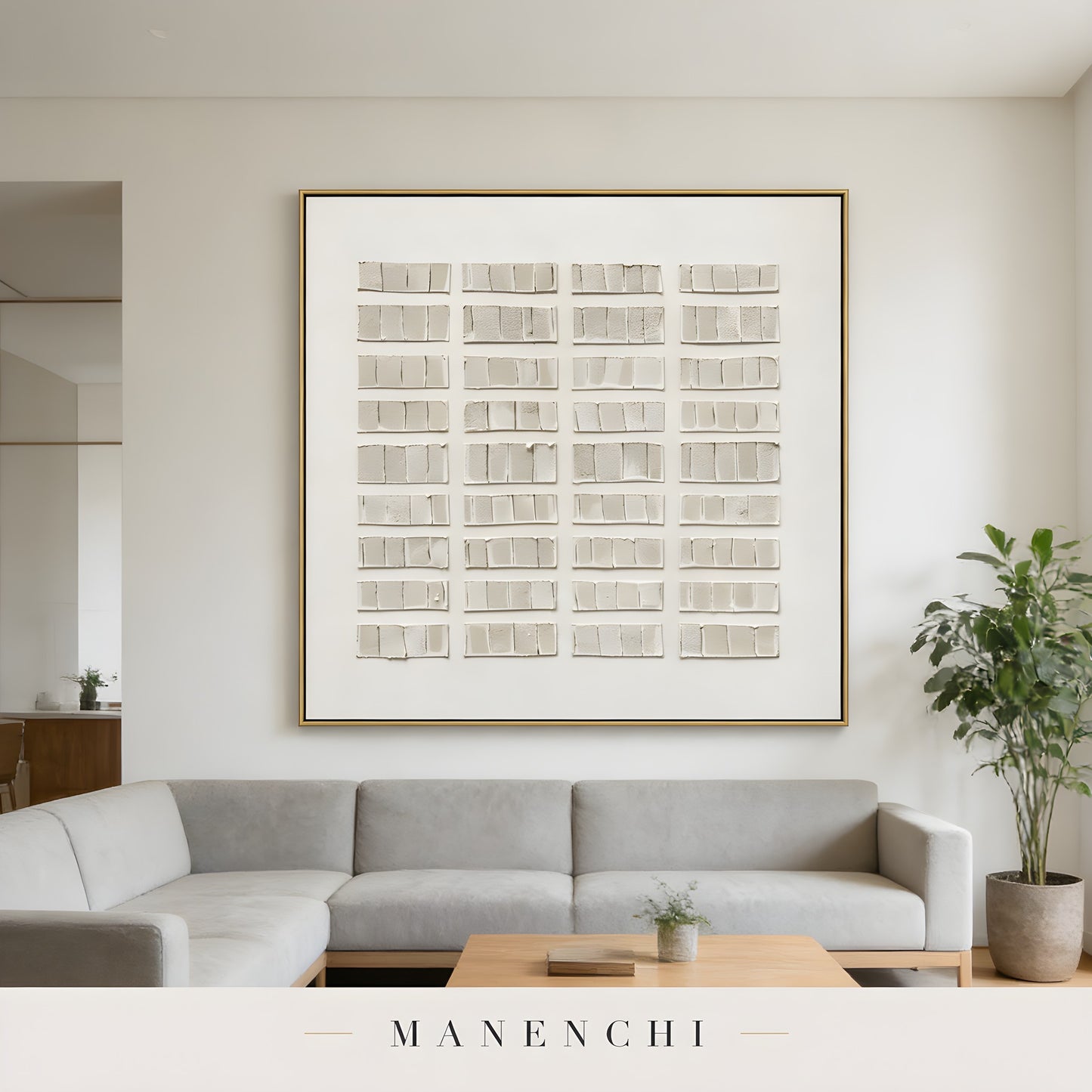 Structured Tonal Grid abstract painting displayed in living room sofa