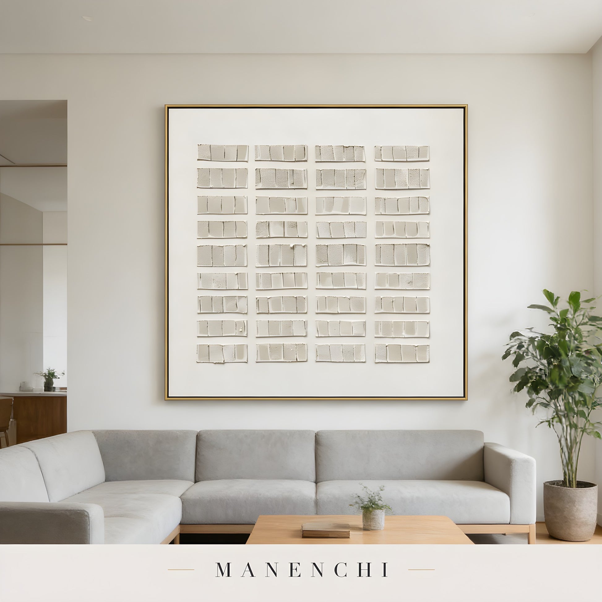Structured Tonal Grid abstract painting displayed in living room sofa