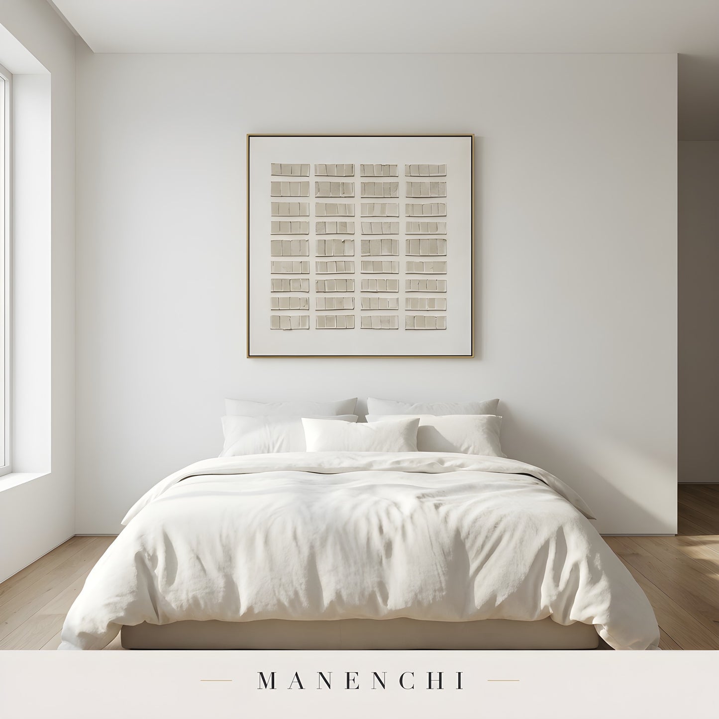 Structured Tonal Grid abstract painting displayed in master bedroom minimalist